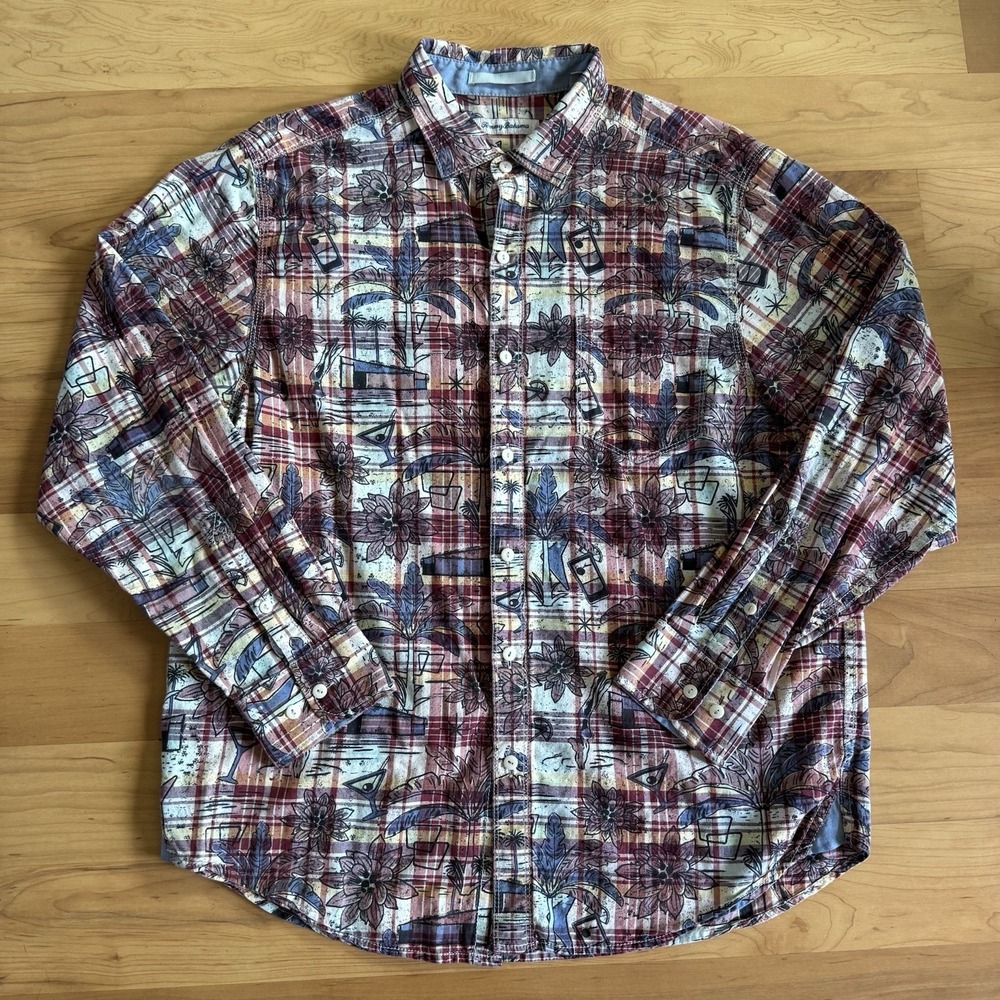 Tommy Bahama Plaid Cocktail‎ Palm Tree Print Cotton Long Sleeve Shirt Large